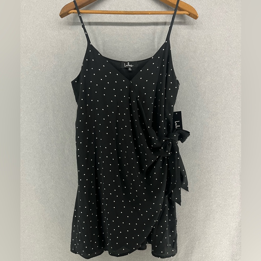 Lulu's Black Polka Dot Wrap Mini Dress Medium NWT